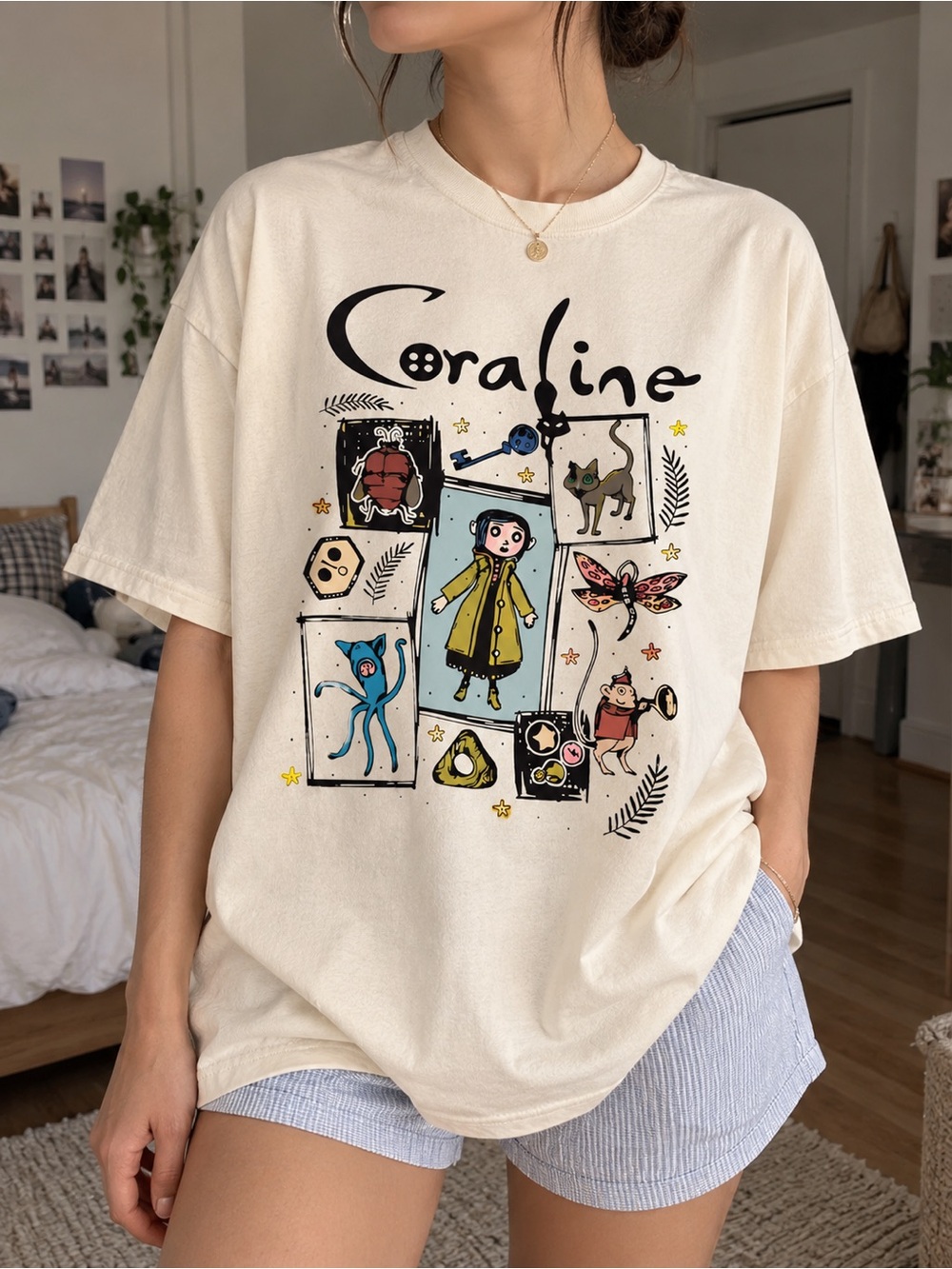 Coraline Shirt Button Eyes Girl Black Cat Key Graphic Tee